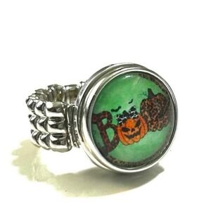 Boo Halloween Stretch One Size Silver Metal Ring Pumpkins